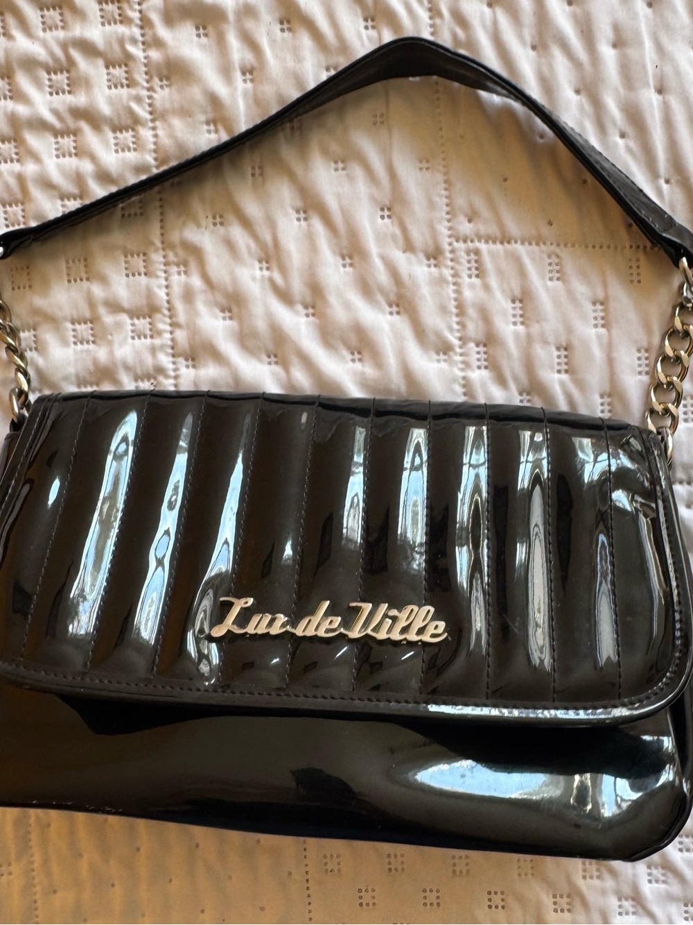 Lux de Ville Black Patent Quilted Shoulder Bag with Chain Accent